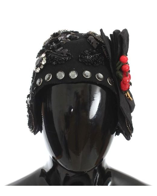 Dolce & Gabbana Black Crystal Cherries Brooch Hat