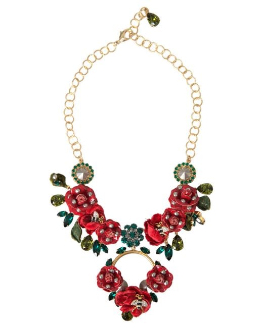 Dolce & Gabbana Red Brass Link Chain Rosepetal Crystal Pendant Necklace