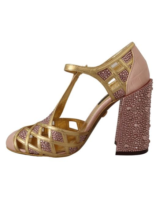 Dolce & Gabbana Brown Leather Crystal Pumps T-Strap Shoes