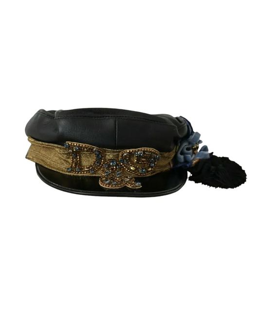 Dolce & Gabbana Black Leather Crystal Beads Gold Ribbon Fiddler Cap