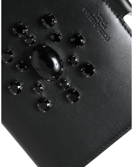 Dolce & Gabbana Black Leather Crystal Embellished Card Holder Wallet
