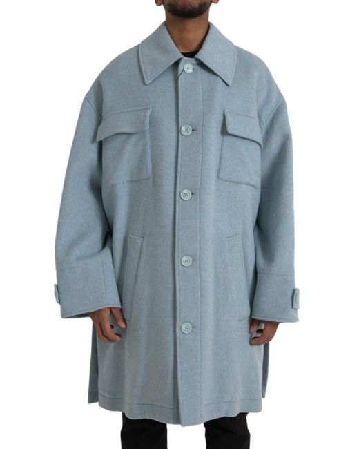 Dolce & Gabbana Blue Light Wool Button Trench Coat Jacket for men