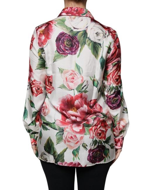 Dolce & Gabbana Gray Peony Silk Long Sleeves Collared Blouse Top