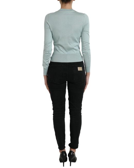 Dolce & Gabbana Blue Silk Crew Neck Cardigan Sweater