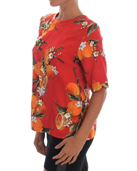 Dolce & Gabbana Red Print Crystal-Embellished Blouse