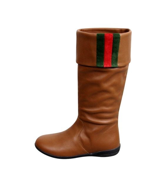 Gucci Brown Kids Leather Boots With Web Detail