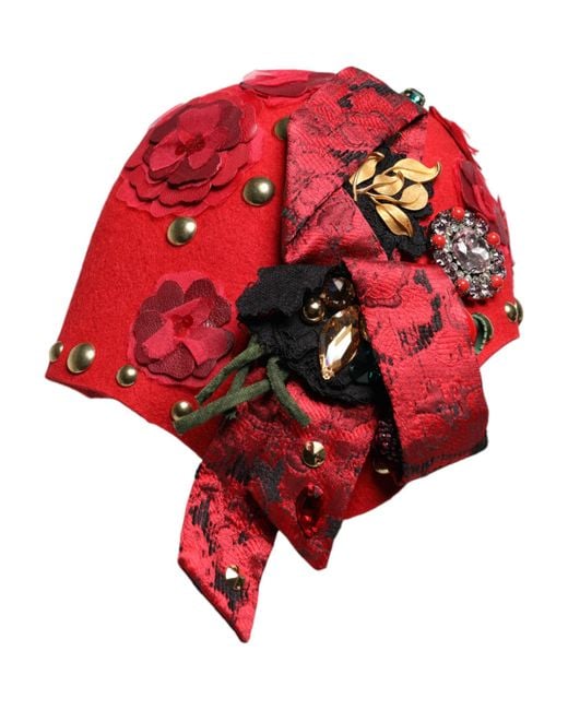 Dolce & Gabbana Red Crystal Roses Brooch Embellished Hat