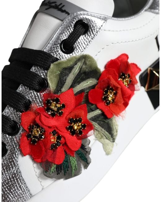 Dolce & Gabbana Black Leather Floral Studded Sneakers Shoes