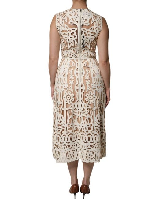 Dolce & Gabbana Natural Floral Lace Midi Dress Laser Cut Style