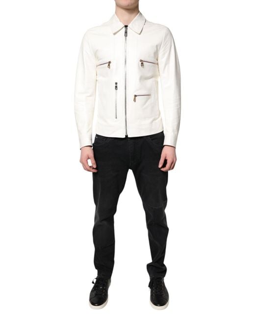 Dolce & Gabbana White Collared Full Zip Biker Coat Jacket for men