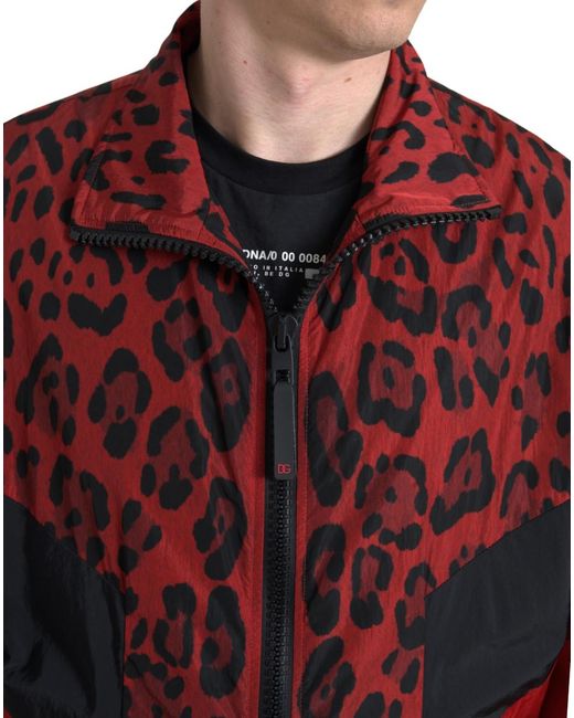 Dolce & Gabbana Red Leopard Nylon Full Zip Sweater for men