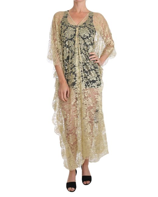 Dolce & Gabbana Natural Floral Lace Crystal Gown Cape Dress
