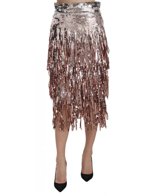 Dolce & Gabbana Metallic Sequin Embellished Fringe Midi Pencil Skirt