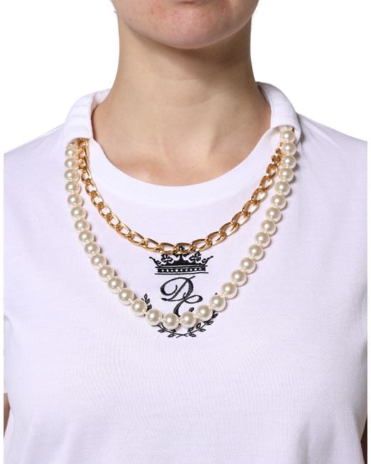 Dolce & Gabbana White Chain Pearl Cotton Round Neck T-Shirt