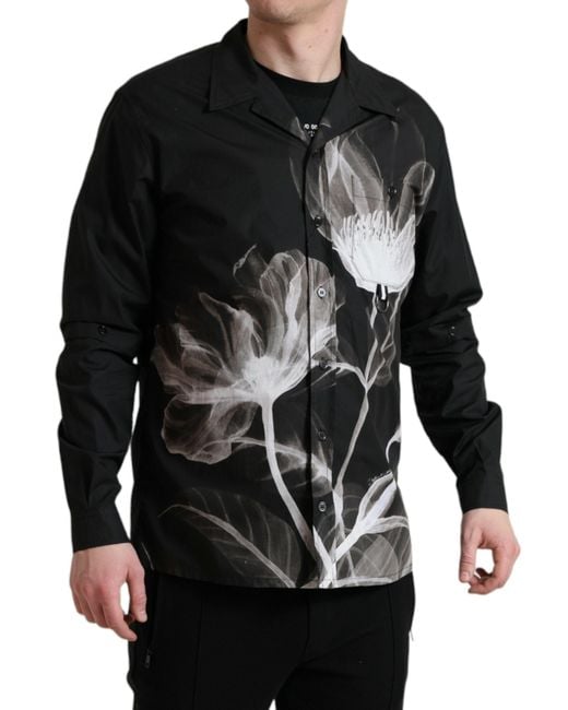 Dolce & Gabbana Black Floral Cotton Collared Long Sleeves Shirt for men