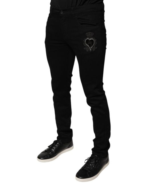 Dolce & Gabbana Black Skinny Jeans Embroidered Style for men