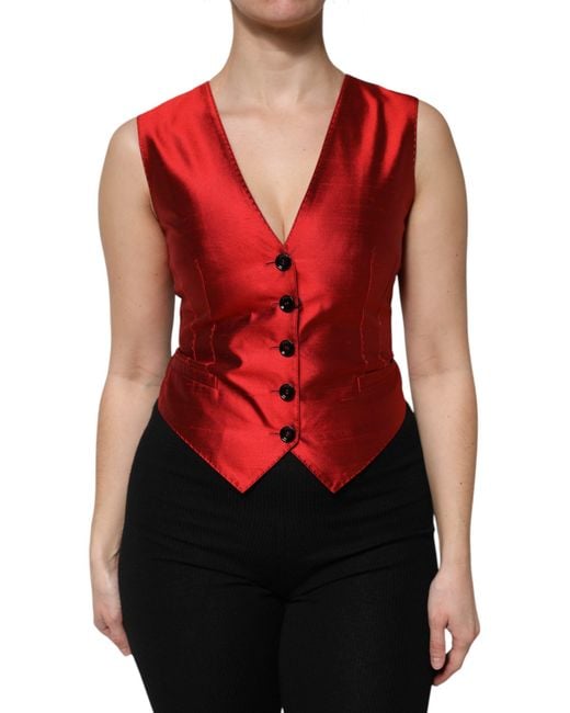 Dolce & Gabbana Red Button Down Sleeveless Vest Top