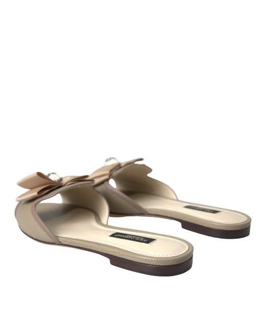 Dolce & Gabbana Natural Logo Pearl Flats Sandals Slides Shoes Leather
