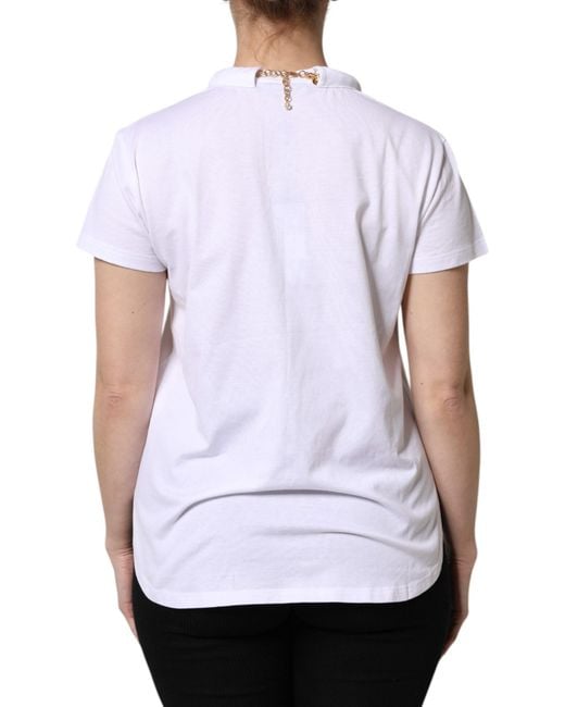 Dolce & Gabbana White Chain Pearl Cotton Round Neck T-Shirt