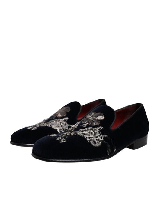 Dolce & Gabbana Black Velvet Floral Gun Loafers Dress Shoes for men
