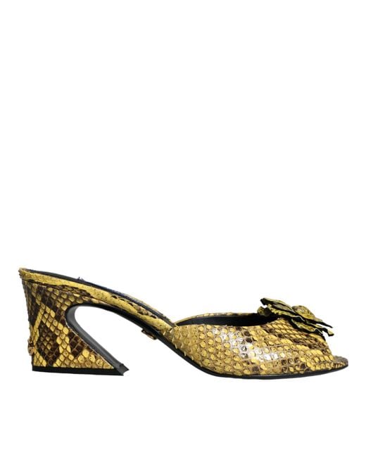 Dolce & Gabbana Yellow Leather Block Heels Slides Shoes Python