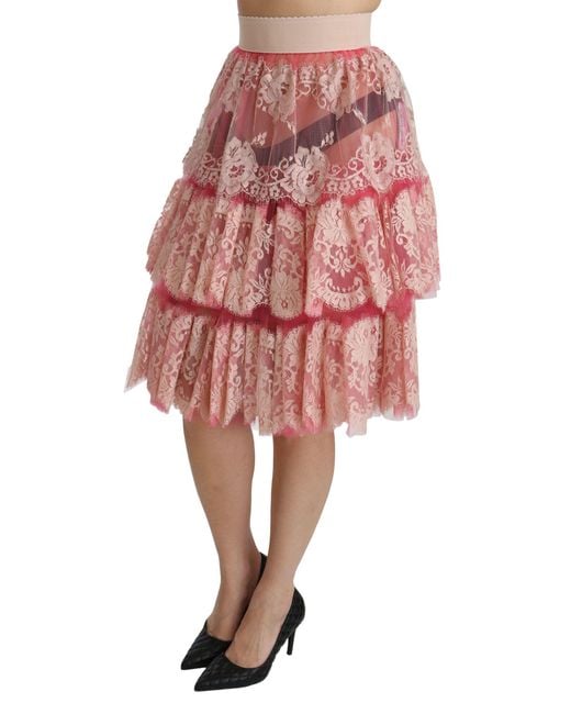 Dolce & Gabbana Pink Lace Layered High Waist Knee Length Skirt