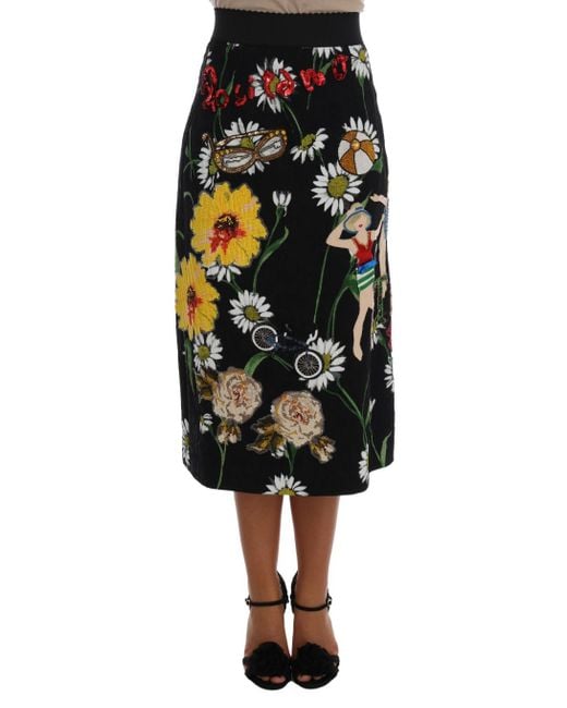 Dolce & Gabbana Black Embellished Daisy Brocade Skirt