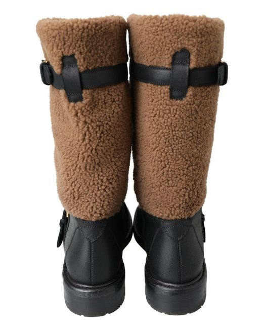 Dolce & Gabbana Black Leather Shearling Boots Elastane for men