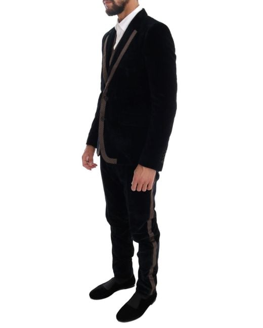 Dolce & Gabbana Black Velvet Two Button Slim 3 Piece Suit for men