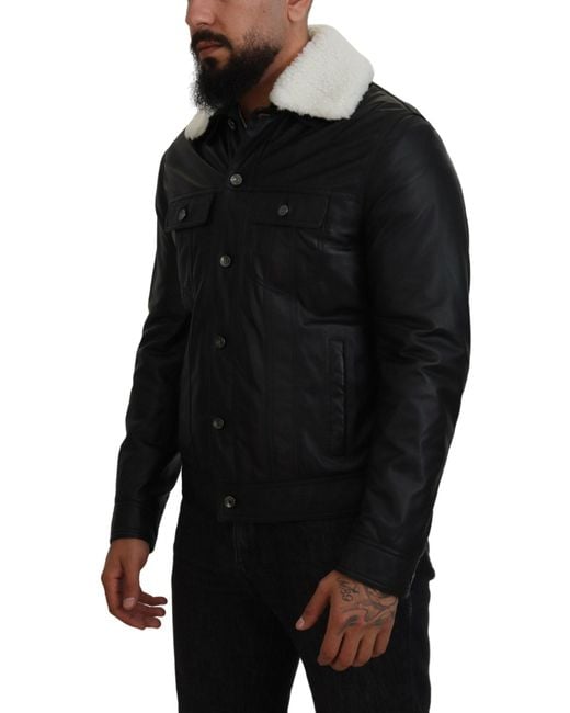 Dolce & Gabbana Black Lamb Leather Collared Coat Jacket for men