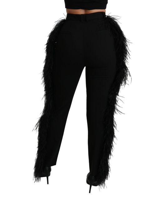 Dolce & Gabbana Black Feather Straight High Waist Wool Pants