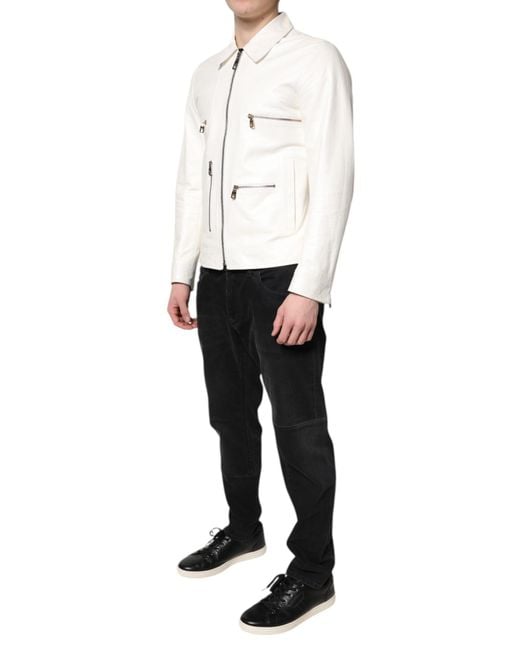 Dolce & Gabbana White Collared Full Zip Biker Coat Jacket for men