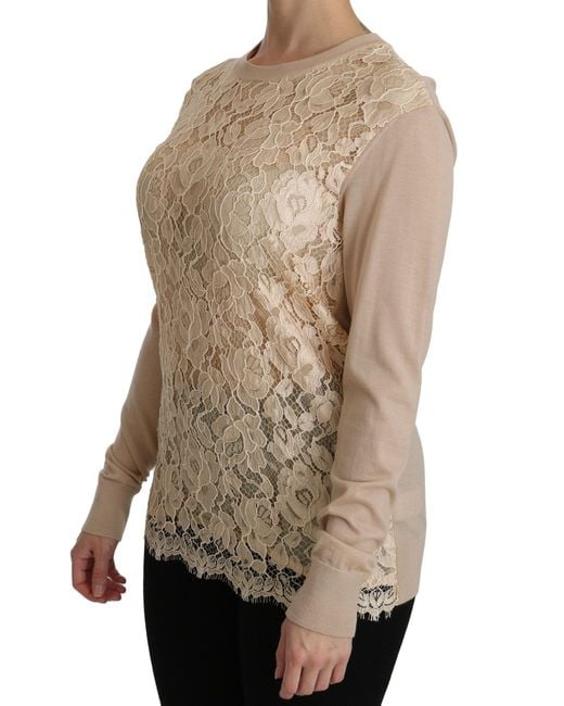 Dolce & Gabbana Natural Lace Long Sleeve Top Cashmere Blouse Viscose Nylon