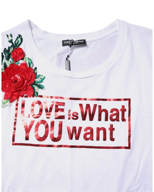 Dolce & Gabbana White Sequin Rose Embroidered Tee
