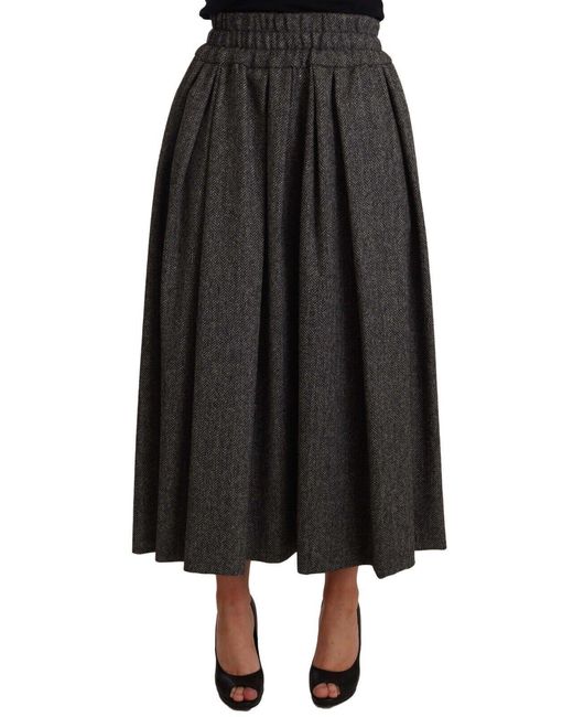 Dolce & Gabbana Black Elegant A-Line Midi Wool Skirt