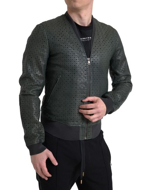 Dolce & Gabbana Black Perforated Leather Bomber Jacket for men