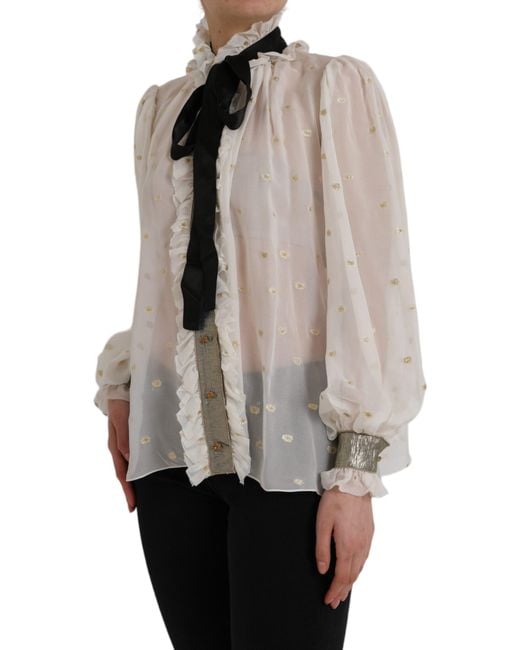 Dolce & Gabbana Gray Off White Silk Blend Ascot Collar Blouse Top