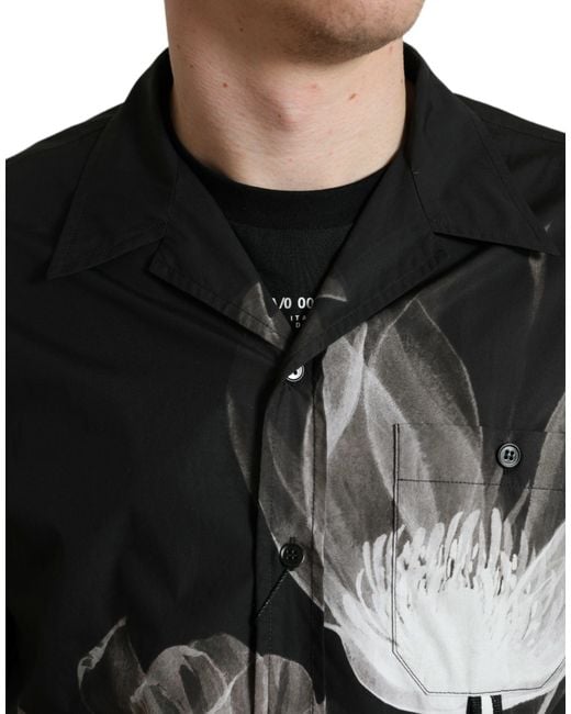 Dolce & Gabbana Black Floral Cotton Collared Long Sleeves Shirt for men