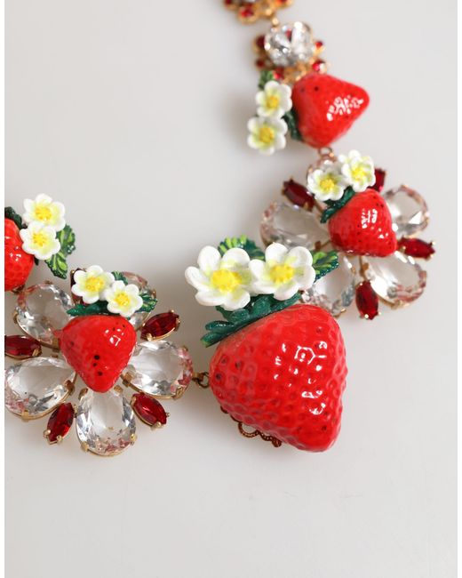 Dolce & Gabbana White Brass Fruit Pendants Flowers Crystal Logo Necklace