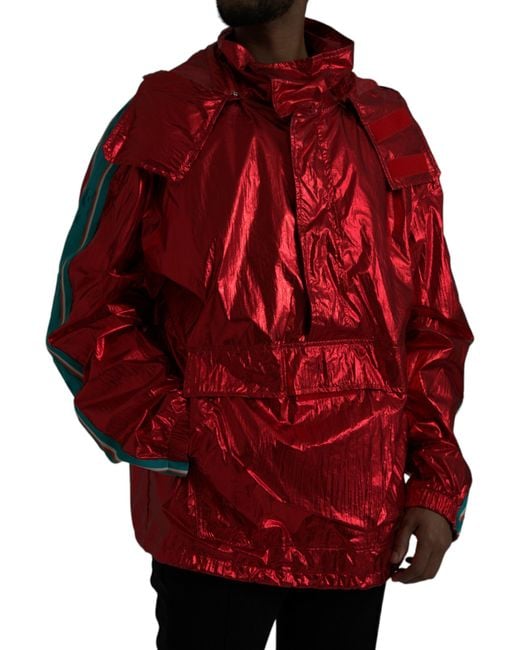Dolce & Gabbana Red Nylon Hooded Pullover Anorak Jacket for men