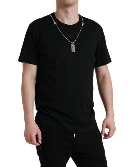 Dolce & Gabbana Black Cotton Dog Tag Round Neck T-Shirt for men
