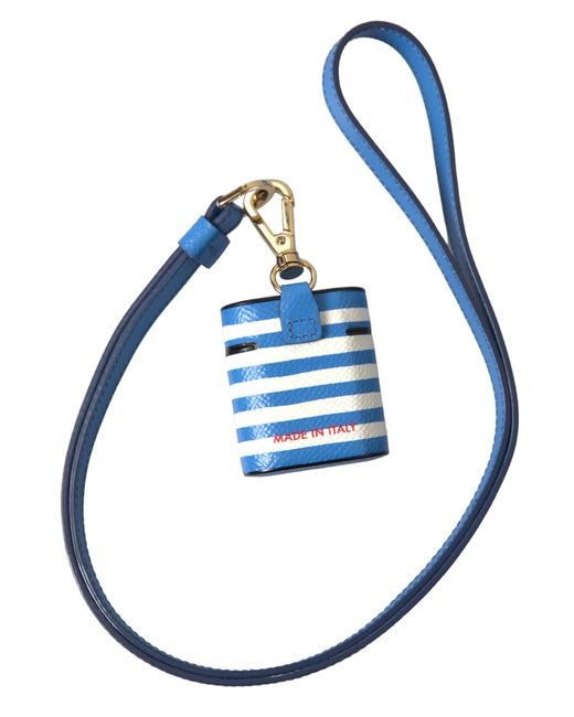 Dolce & Gabbana Blue Stripe Dauphine Leather Logo Print Airpod Case Accessory