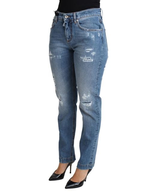 Dolce & Gabbana Blue Tattered Skinny Denim Cotton Blend Jeans