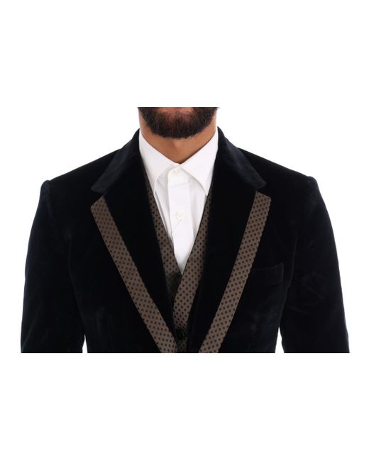 Dolce & Gabbana Black Velvet Two Button Slim 3 Piece Suit for men