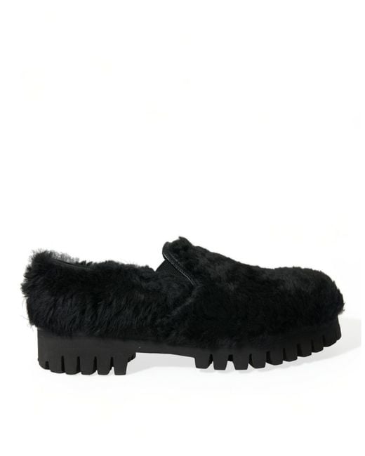 Dolce & Gabbana Black Fur Leather Slippers Dress Shoes for men
