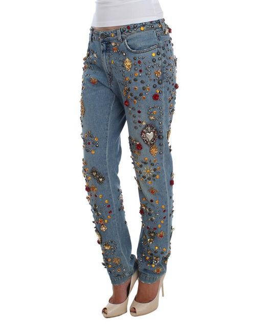 Dolce & Gabbana Blue Crystal Roses Heart Embellished Jeans