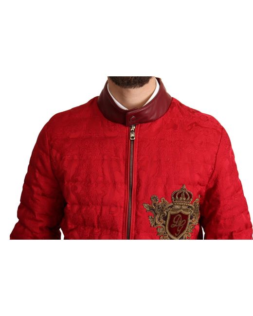 Dolce & Gabbana Red Quilted Bomber Crown Logo Jacket for men