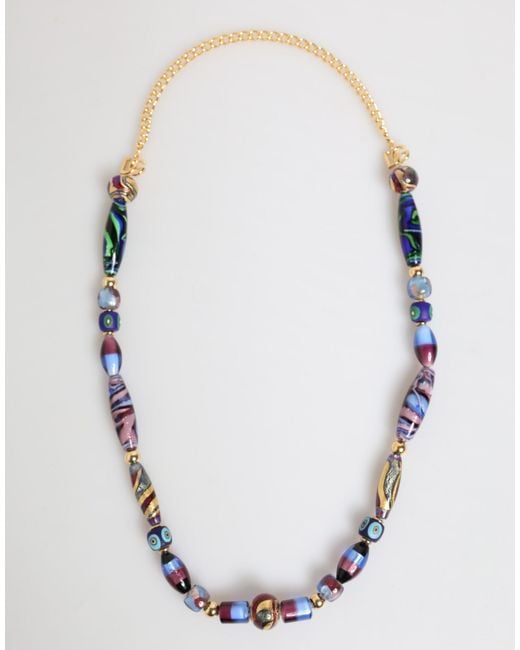 Dolce & Gabbana Blue Murano Glass Beads Brass Chain Jewelry Necklace
