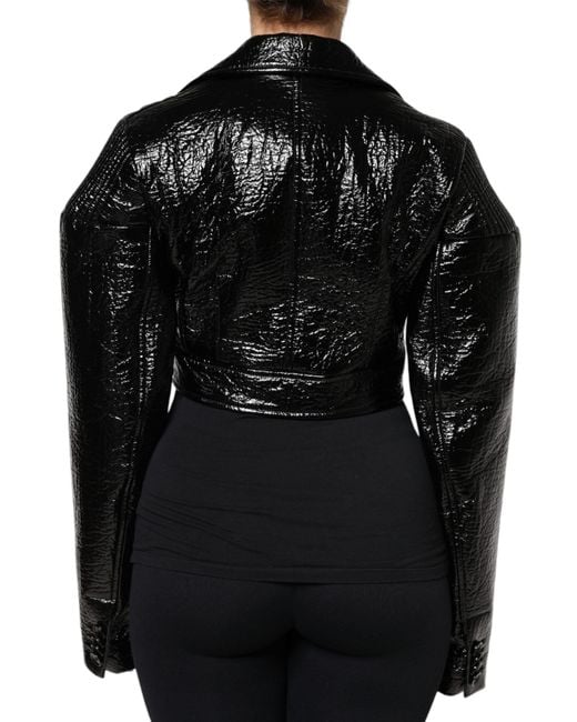 Dolce & Gabbana Black Leather Cropped Long Sleeve Coat Jacket
