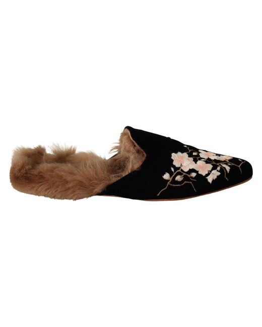 GIA COUTURE Velvet Floral Fur Slip On Flats Shoes in Black | Lyst